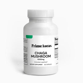 Chaga Mushroom supplement bottle with rich, earthy mushroom extract for immune support and energy boost.